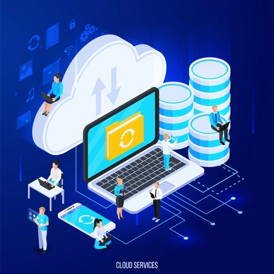 Cloud services isometric composition with flat silhouette pictograms and big icons of cloud storage with people vector illustration