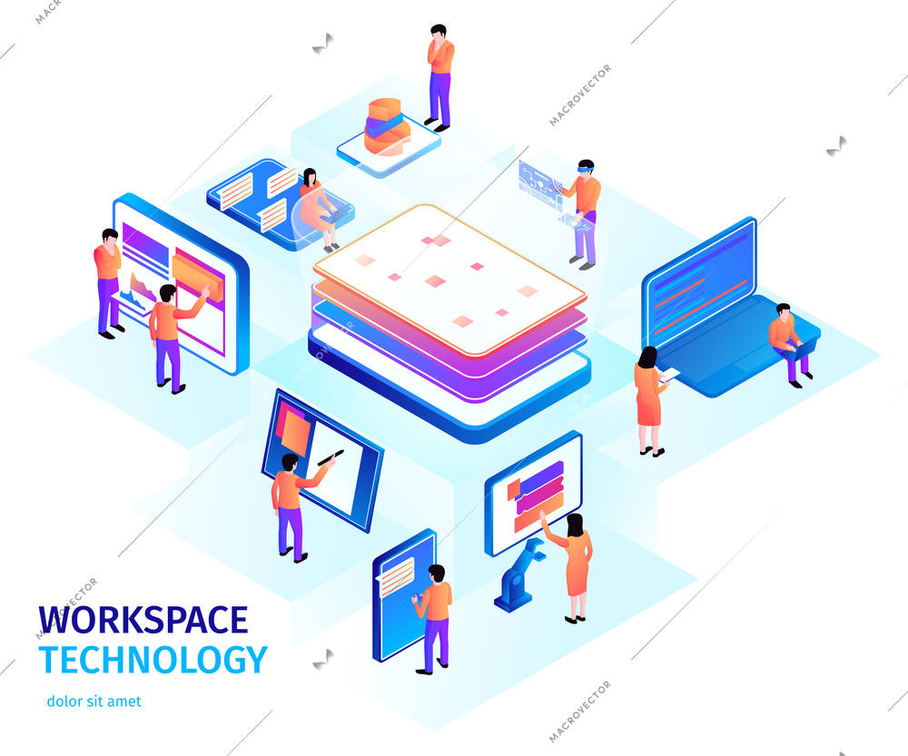Isometric people interfaces background composition with small human characters and images of electronic devices with text vector illustration