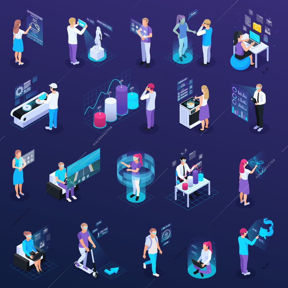 Virtual augmented reality 360 degree isometric icons set of isolated human characters with wearable electronic accessories vector illustration