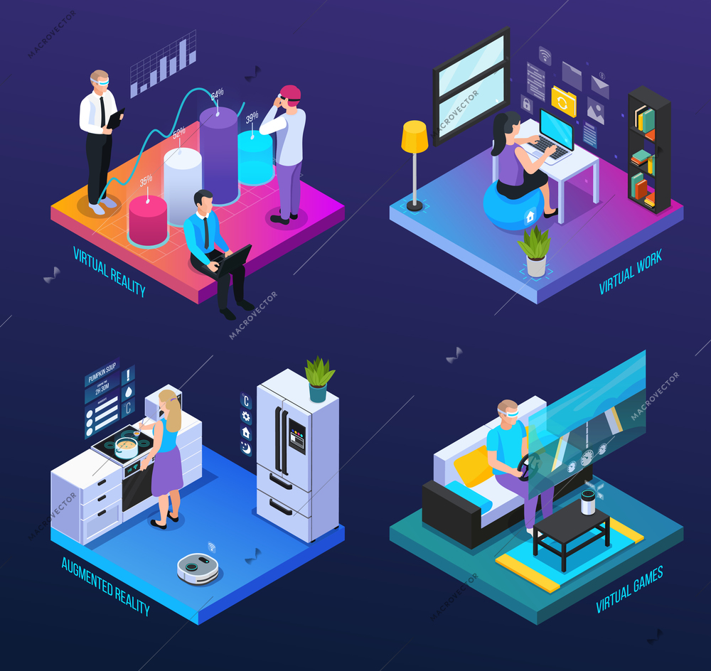 Virtual augmented reality 360 degree isometric 2x2 set of compositions with human characters and computer icons vector illustration