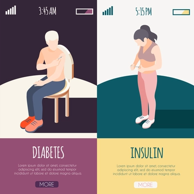 Diabetes isometric banners with male and female patients giving himself shot of insulin vector illustration