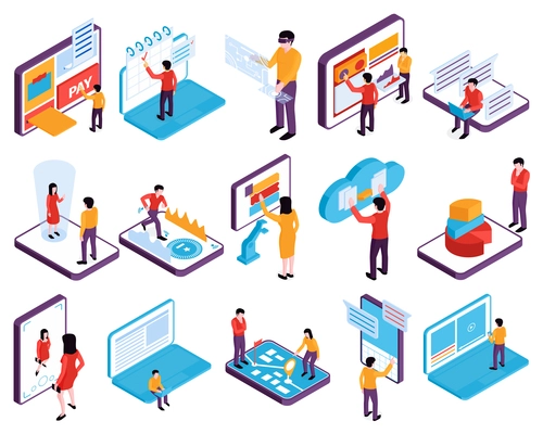 Isometric people interfaces devices set of isolated images with smartphones tablets laptop computers and human characters vector illustration