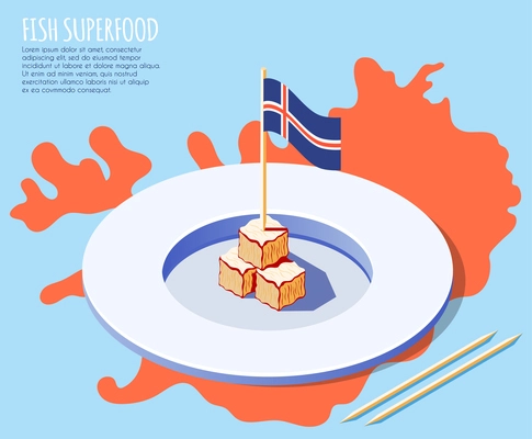 Fish superfood isometric background with plate of dried shark meat on iceland map and national flag vector illustration