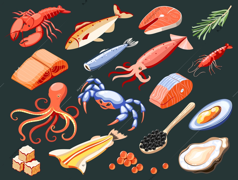 Sea food isolated colored icons with salmon filet calamari caviar mussels crabs oysters shark meat on black background isometric vector illustration