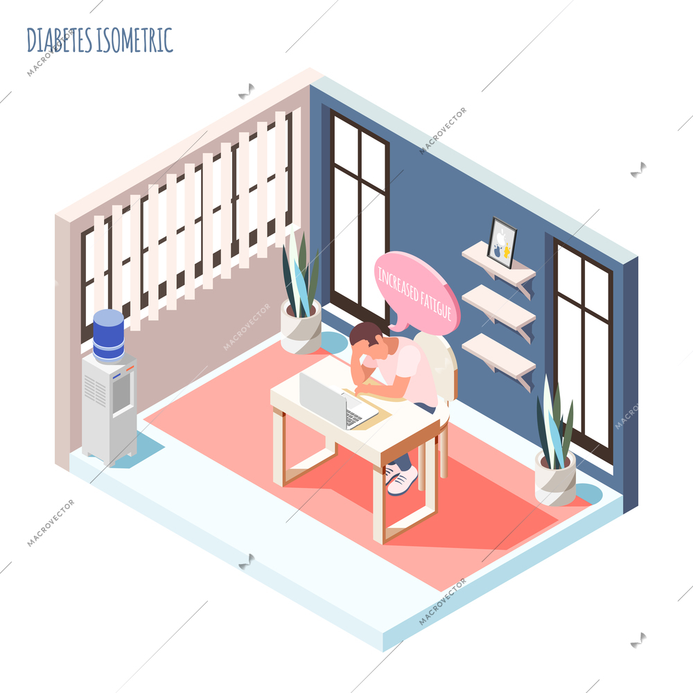 Diabetes isometric composition with young man sitting at desk with laptop and suffering from increased fatigue vector illustration