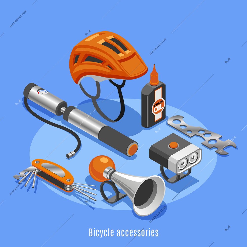 Bicycle accessories  background with helmet pump klaxon spanner bottle of chain oil icons isometric vector illustration