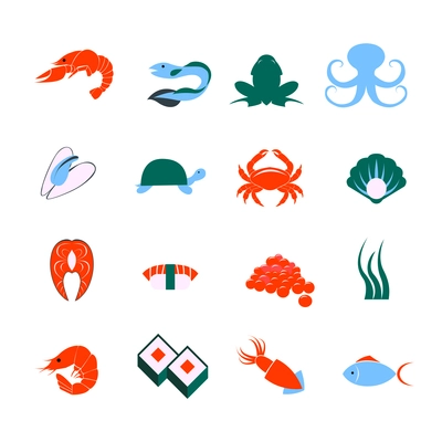 Decorative seafood squid lobster fish sushi pictograms and sea mollusks icons set flat abstract isolated vector illustration