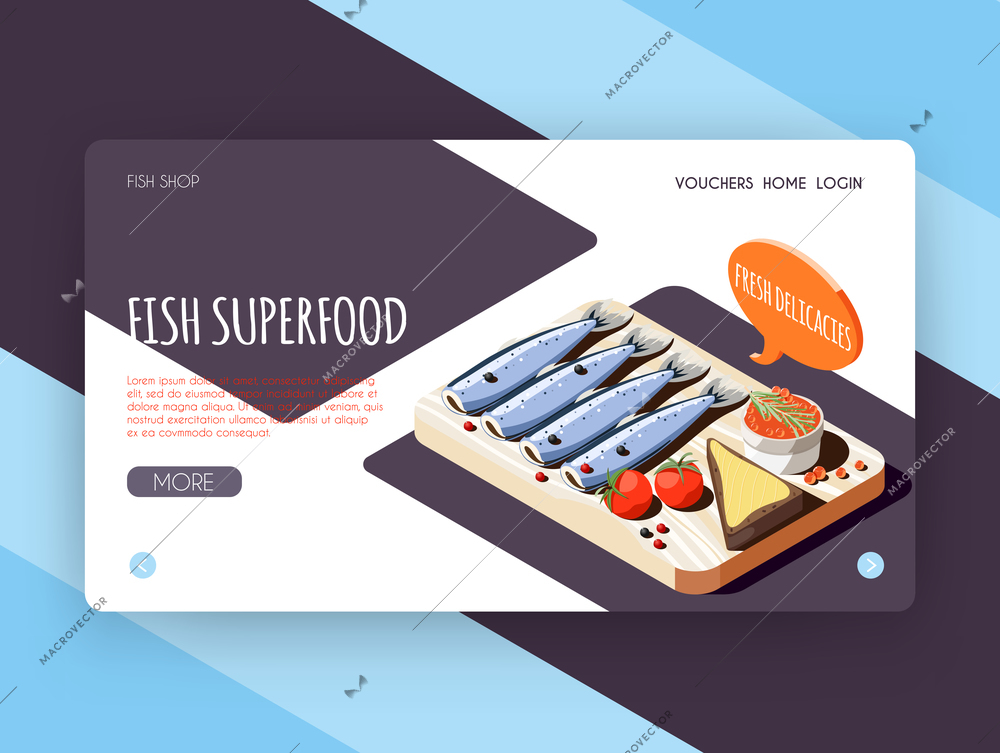 Fish superfood landing page for online shop advertising with fresh delicacies isometric icons vector illustration