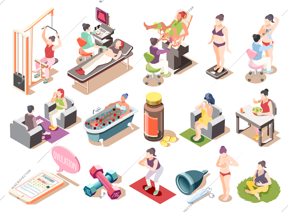 Women health isometric icons set with female characters at doctors consultation in gym and recreation isolated vector illustration