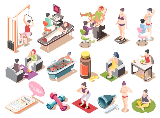 Women health isometric icons set with female characters at doctors consultation in gym and recreation isolated vector illustration