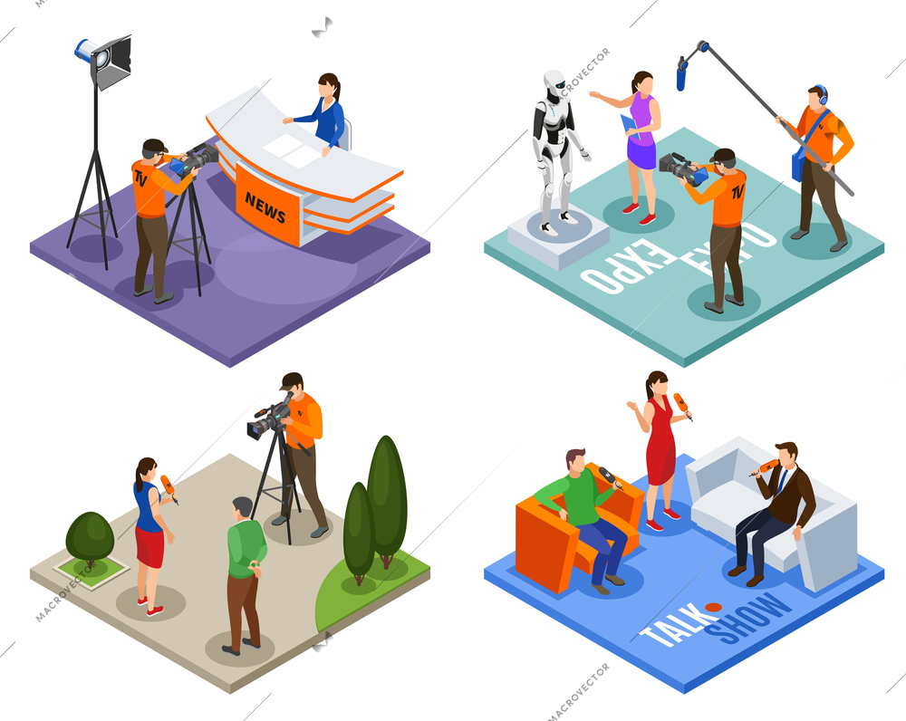 Broadcasting 2x2 design concept set of talk show news expo and street interview isometric compositions vector illustration