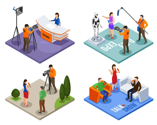 Broadcasting 2x2 design concept set of talk show news expo and street interview isometric compositions vector illustration