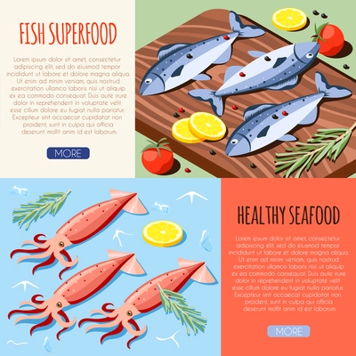 Fish superfood and healthy seafood horizontal banners with fresh fish and calamari isometric icons vector illustration