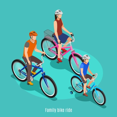 Active family isometric background with father son and daughter riding bike  in helmets vector illustration