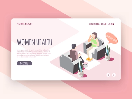 Women health isometric landing page with young woman receiving emotional support  at psychologist cabinet vector illustration