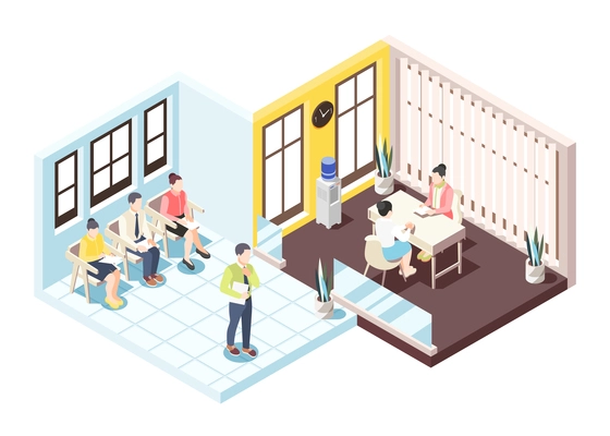 Recruitment isometric composition with people sitting on chairs awaiting interview for employment vector illustration