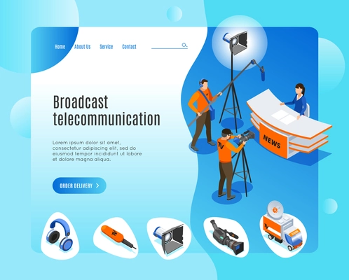 Broadcast telecommunication landing page with  professional accessories and news team working in tv studio vector illustration