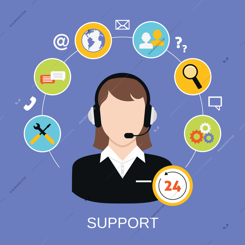 24h online worldwide available customer support helpdesk woman operator service concept vector illustration