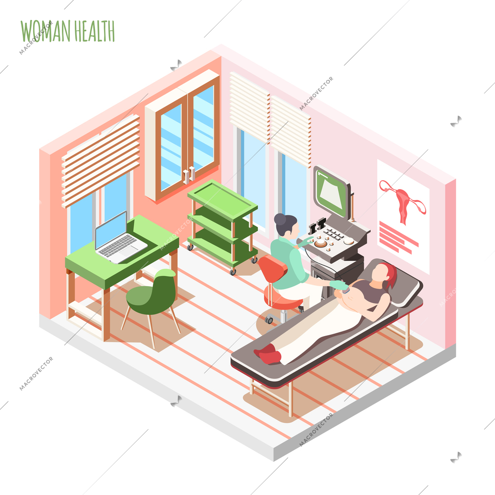 Women health isometric composition with female doctor and woman laying on couch during ultrasound checking vector illustration