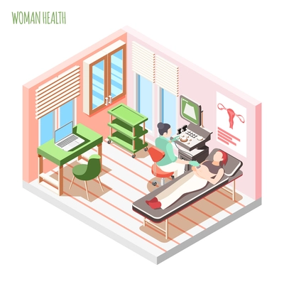 Women health isometric composition with female doctor and woman laying on couch during ultrasound checking vector illustration