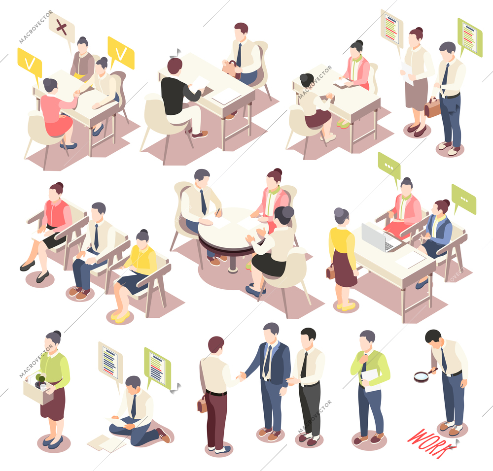 Employment and recruitment isometric icons set with people offering their skills considering vacancies awaiting job interview isolated vector illustration