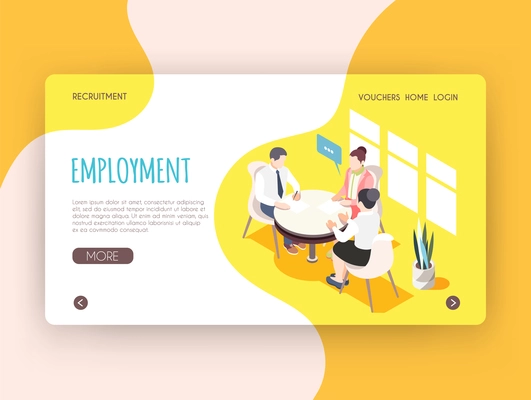 Employment isometric landing page with adult people sitting at round table and participating in job interview vector illustration