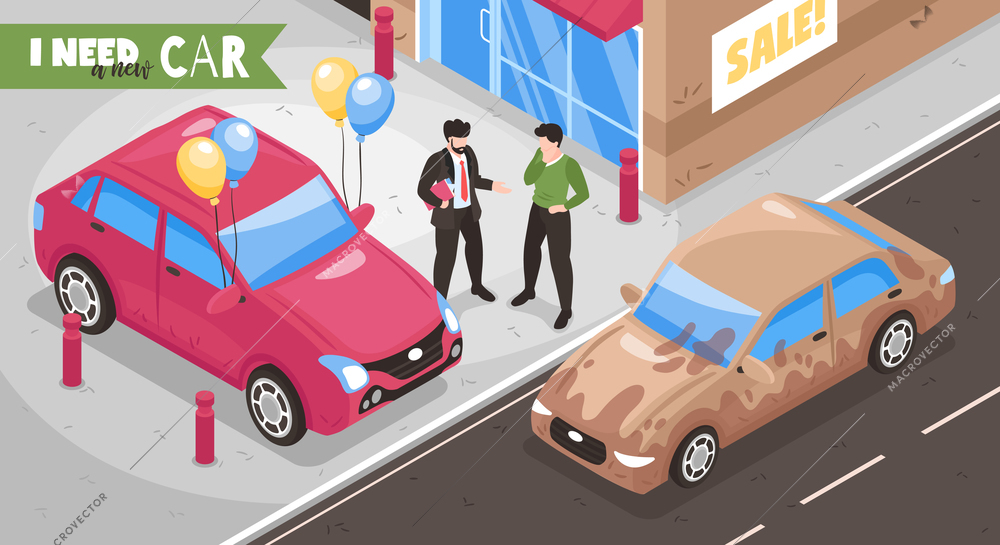 Isometric car showroom trade-in composition with view of city street human characters text and cars vector illustration