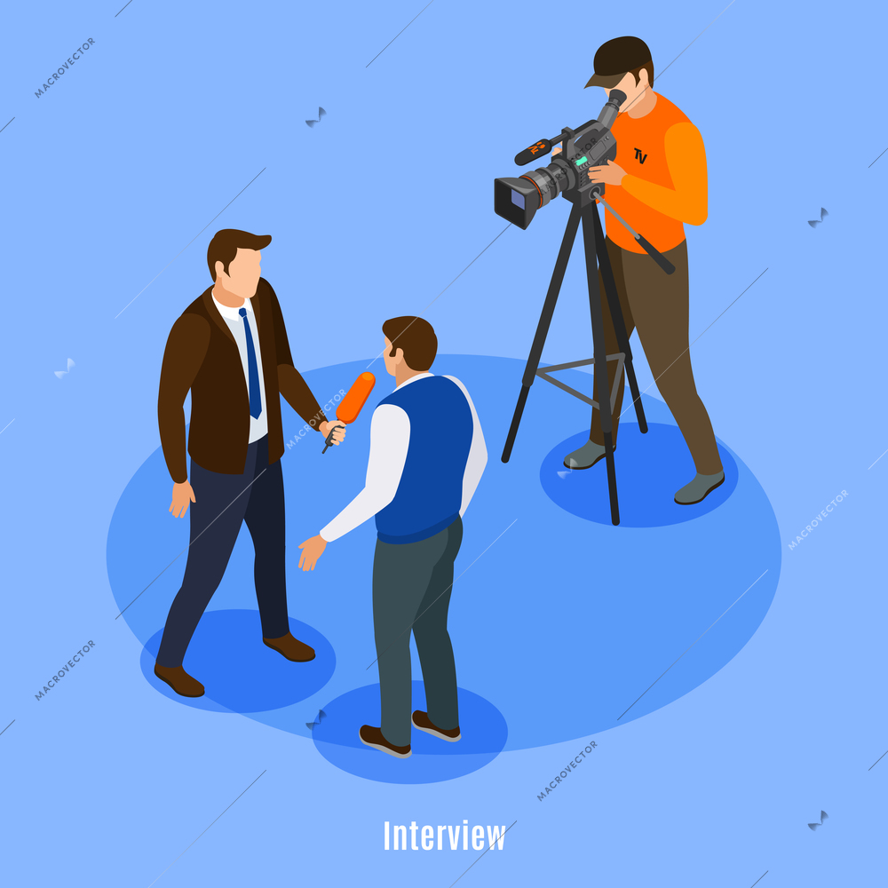 Broadcast telecommunication isometric background with shooting crew and man giving interview vector illustration