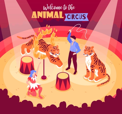 Isometric circus performers show composition with animals and artists on arena with audience and editable text vector illustration