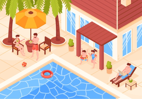 Isometric beach house tropic holidays composition with view of modern villa buildings with people and pool vector illustration