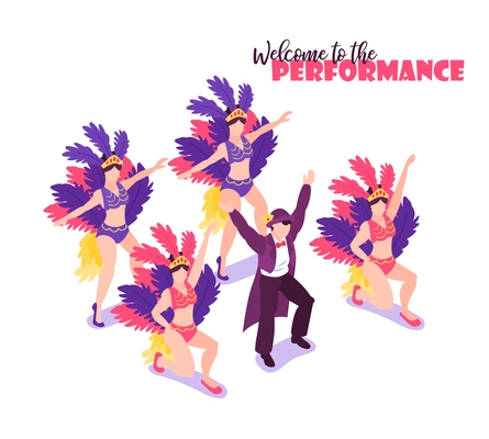 Isometric circus performers show background composition of human characters with artists colourful feathers and editable text vector illustration