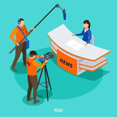 Live news in tv studio isometric background with shooting crew and announcer at working place vector illustration