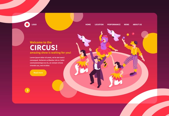 Isometric circus performers show concept banner web site landing page design background with text and images vector illustration