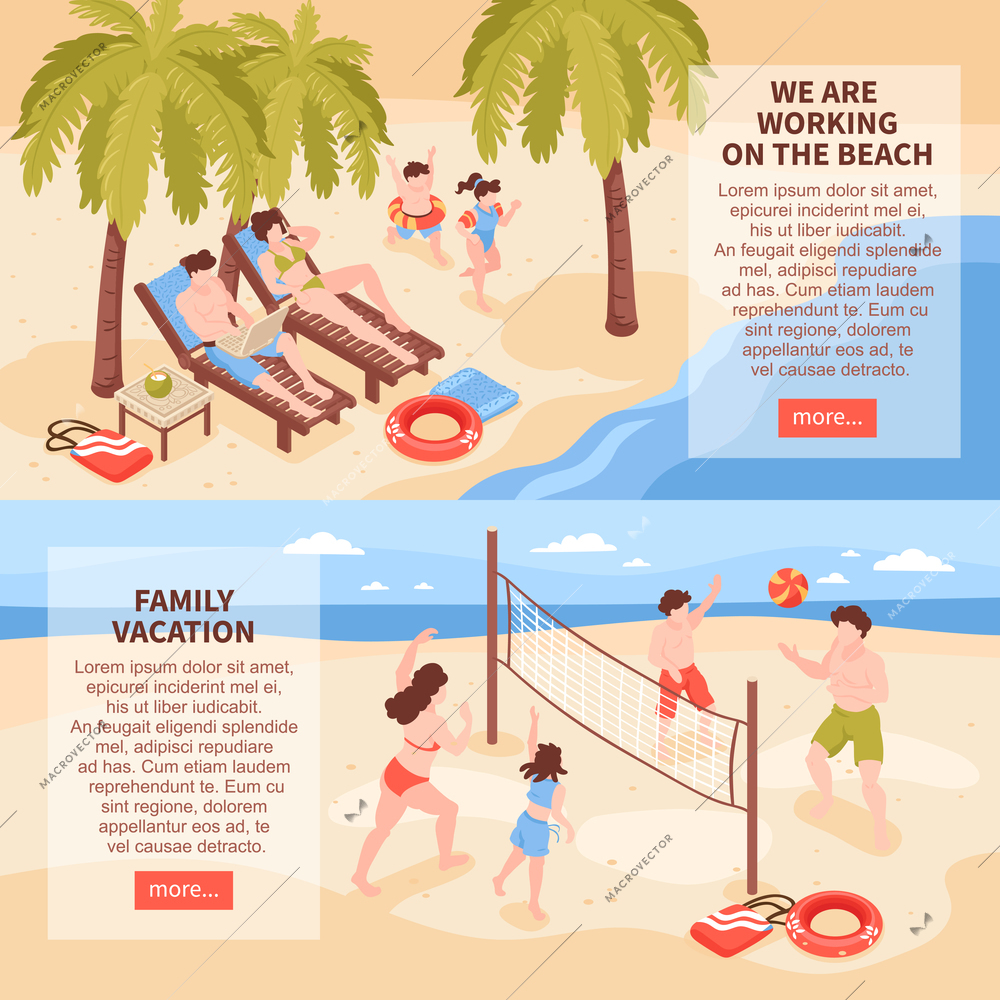 Isometric beach house tropic holidays horizontal banners set with images of family relax with editable text vector illustration