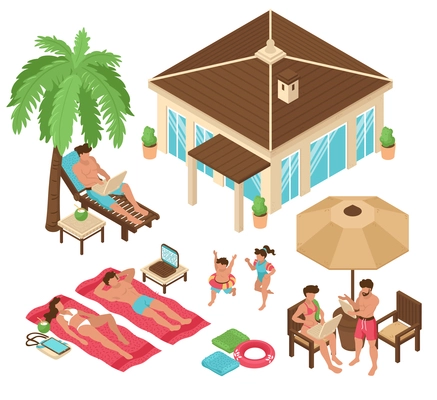 Set of isolated isometric beach house tropic freelance people remote work colourful images with human characters vector illustration