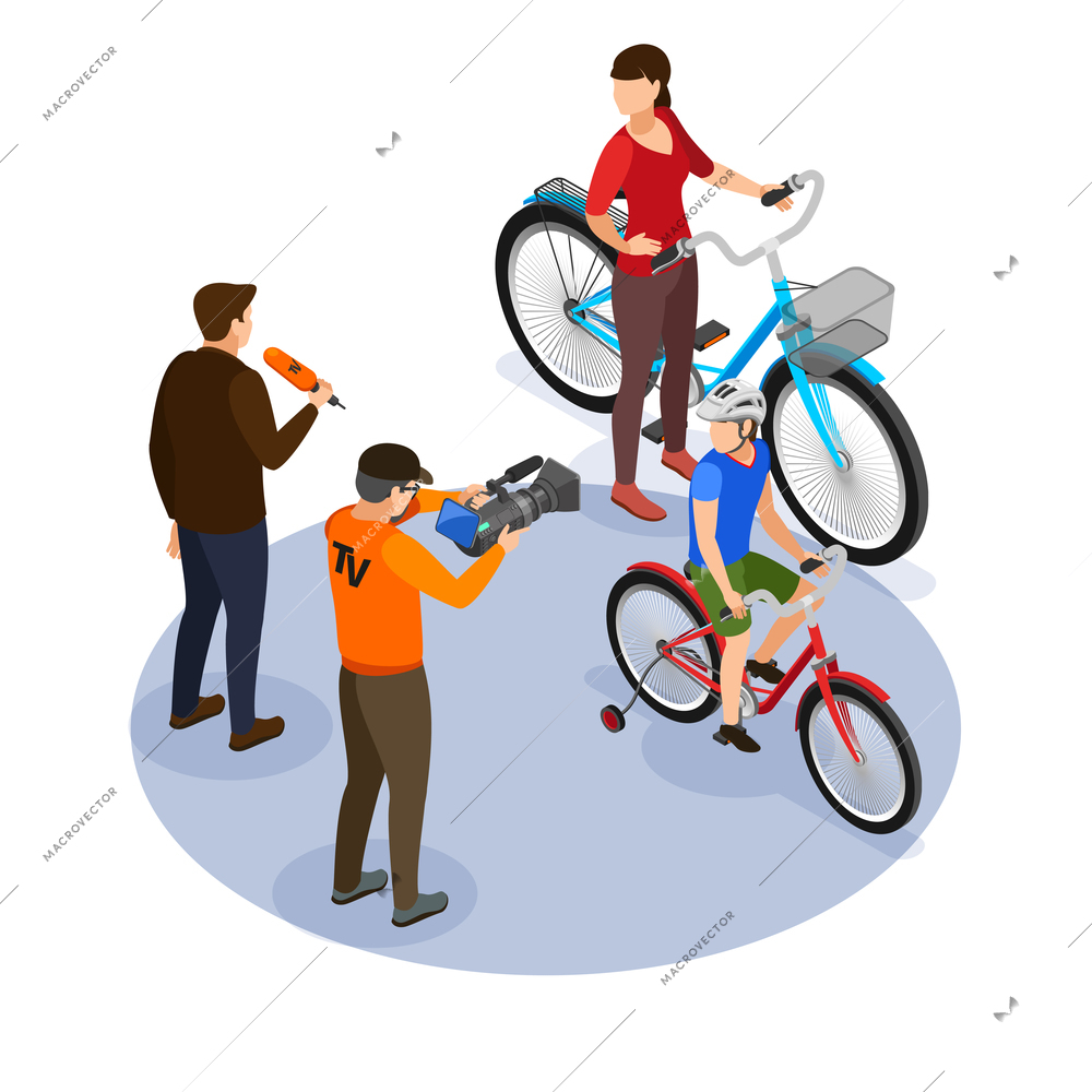 Broadcasting isometric design concept with cameraman and commentator asking questions to passers on street vector illustration