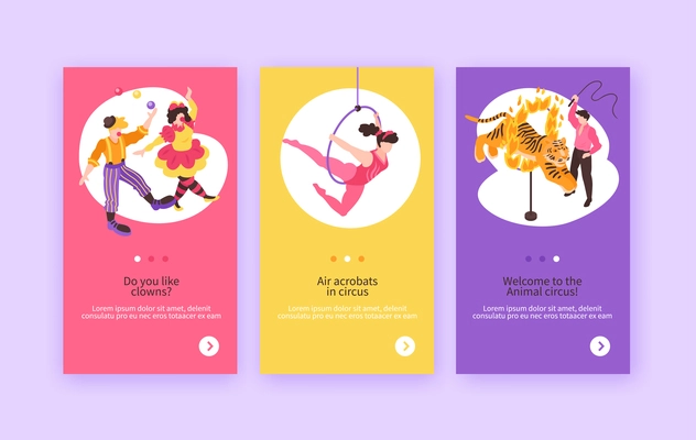 Isometric circus performers show banners collection with compositions of human characters and editable text with buttons vector illustration