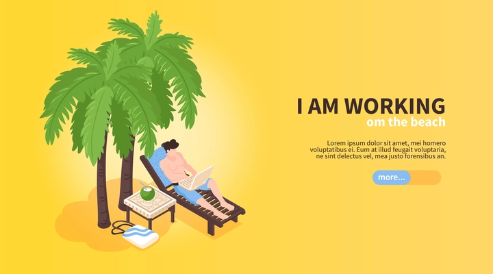 Isometric beach house tropic holidays horizontal banner with human character of freelancer character in hammock chair vector illustration