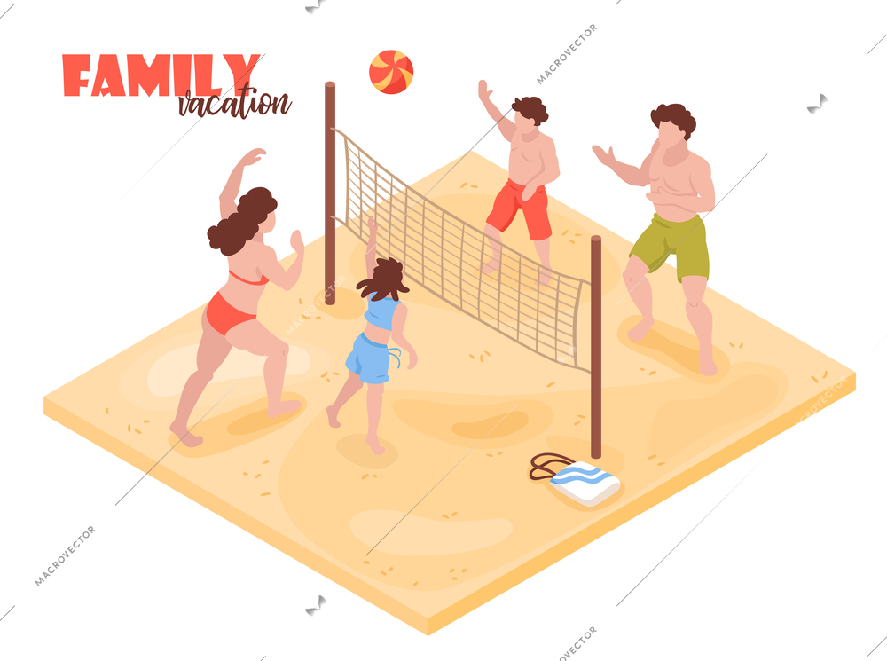 Isometric beach house tropic holidays background with human characters of family members playing volleyball with text vector illustration