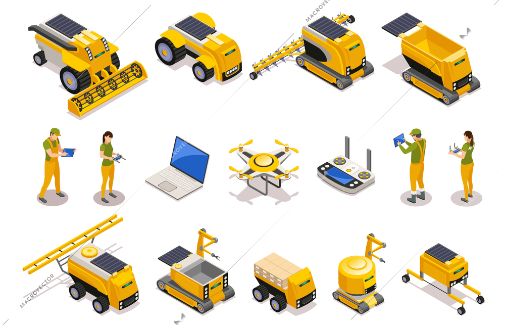 Agricultural isometric icons set of remotely controlled robots used for plowing cultivation harvesting isolated vector illustration