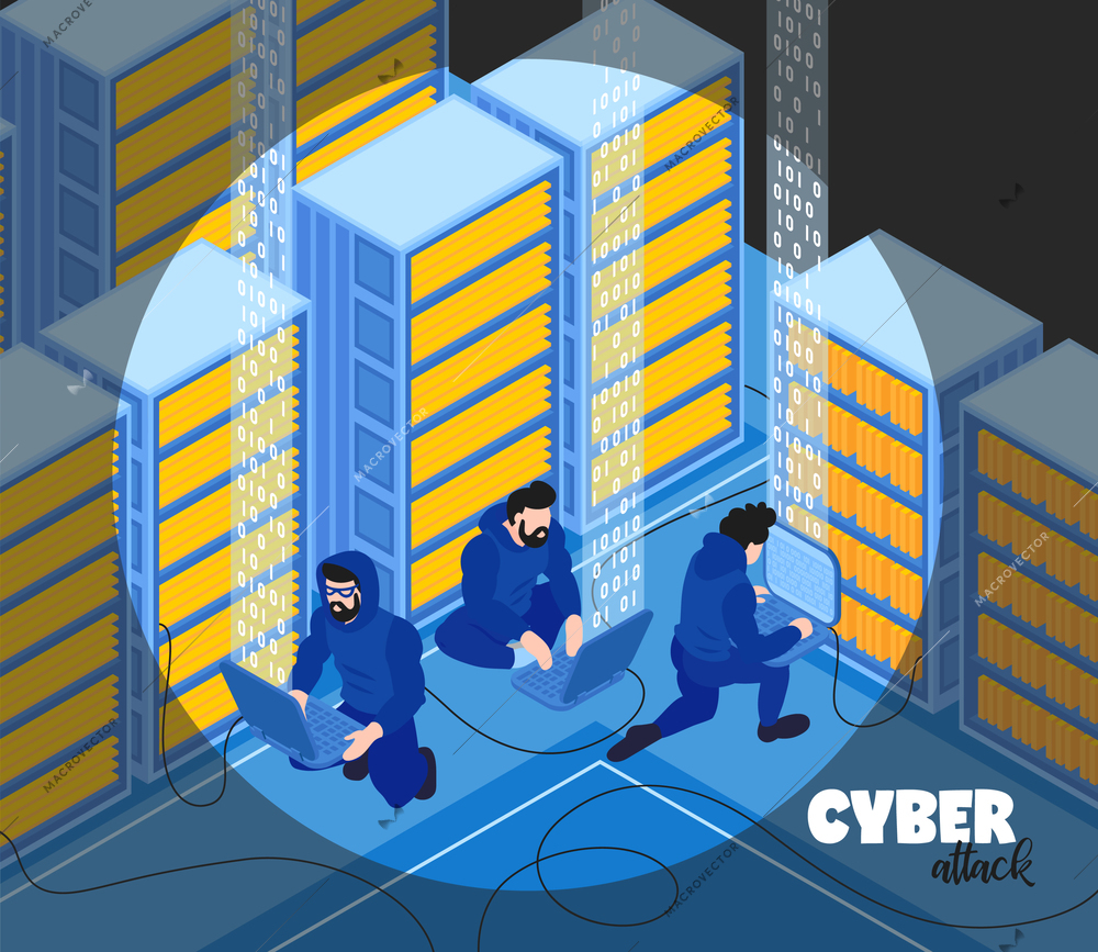 Isometric hacker composition background with text and view of hackers group human characters with server racks vector illustration