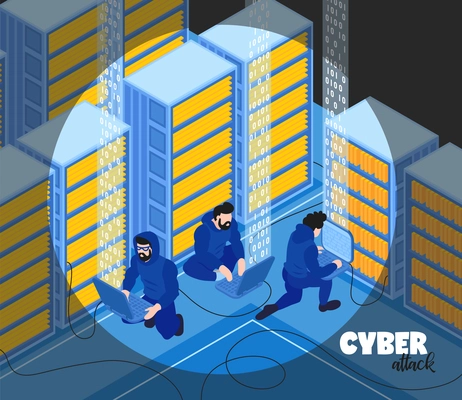 Isometric hacker composition background with text and view of hackers group human characters with server racks vector illustration