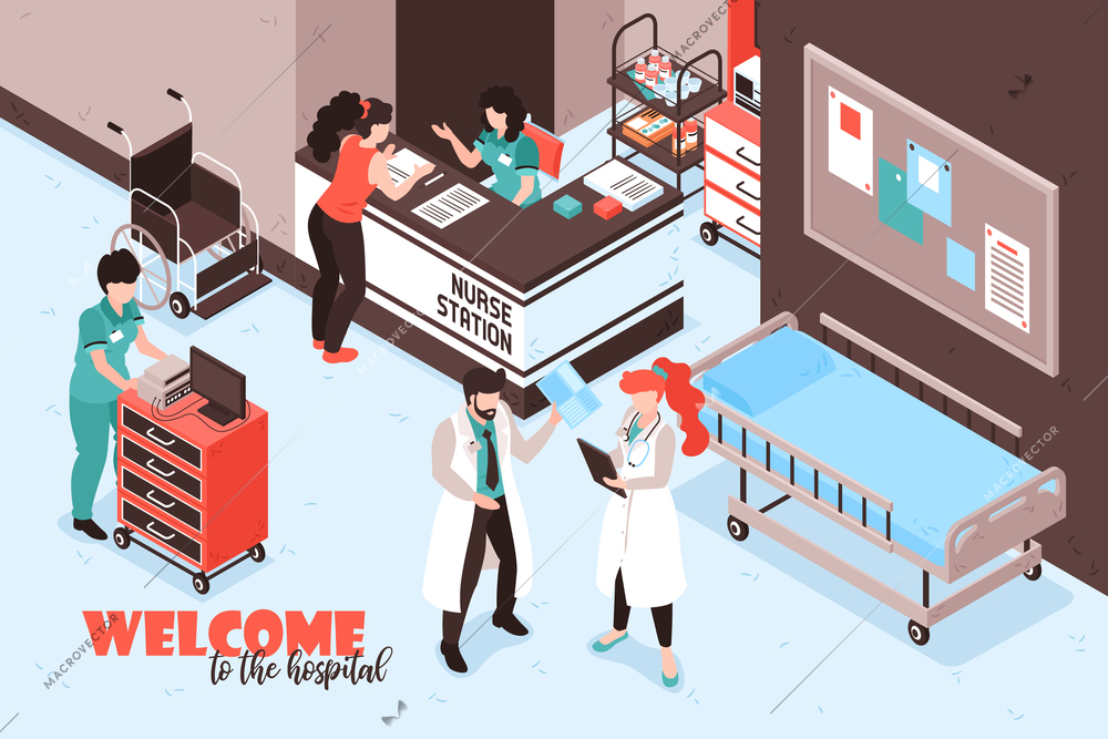 Isometric hospital composition with text and view of nurse station reception desk with people and furniture vector illustration