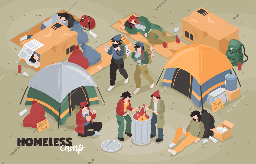 Isometric homeless composition with editable text and view of refugee camp with tents and human characters vector illustration