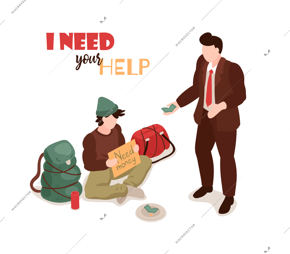 Isometric homeless people background composition with text and faceless human characters of people giving alms gift vector illustration