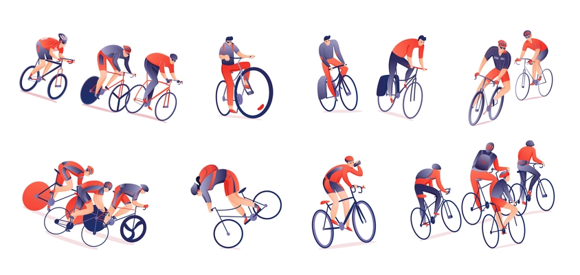 Cycling tour horizontal set of bicyclists with sports equipment in various positions isolated vector illustration