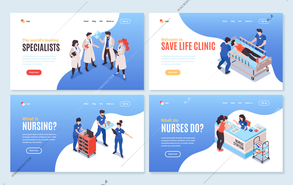 Set of four isolated isometric hospital horizontal banners with clickable links editable text and appropriate images vector illustration