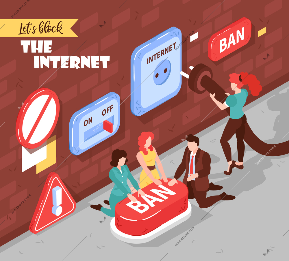 Isometric banned website background with editable text and composition of conceptual images pictograms and human characters vector illustration