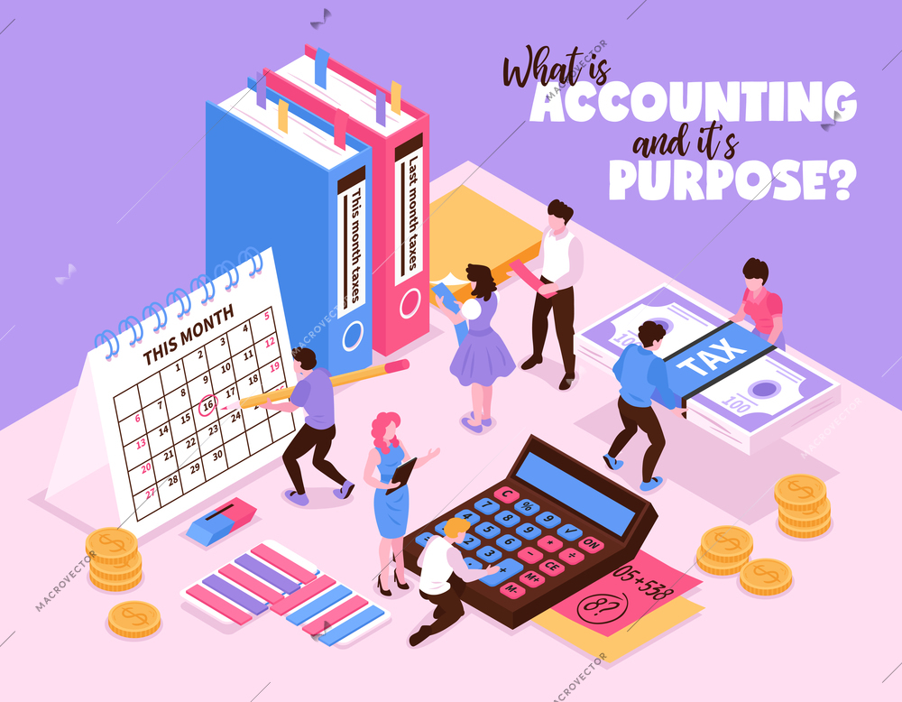 Isometric accounting composition with small human characters and organizer elements of workspace calendar calculator and books vector illustration