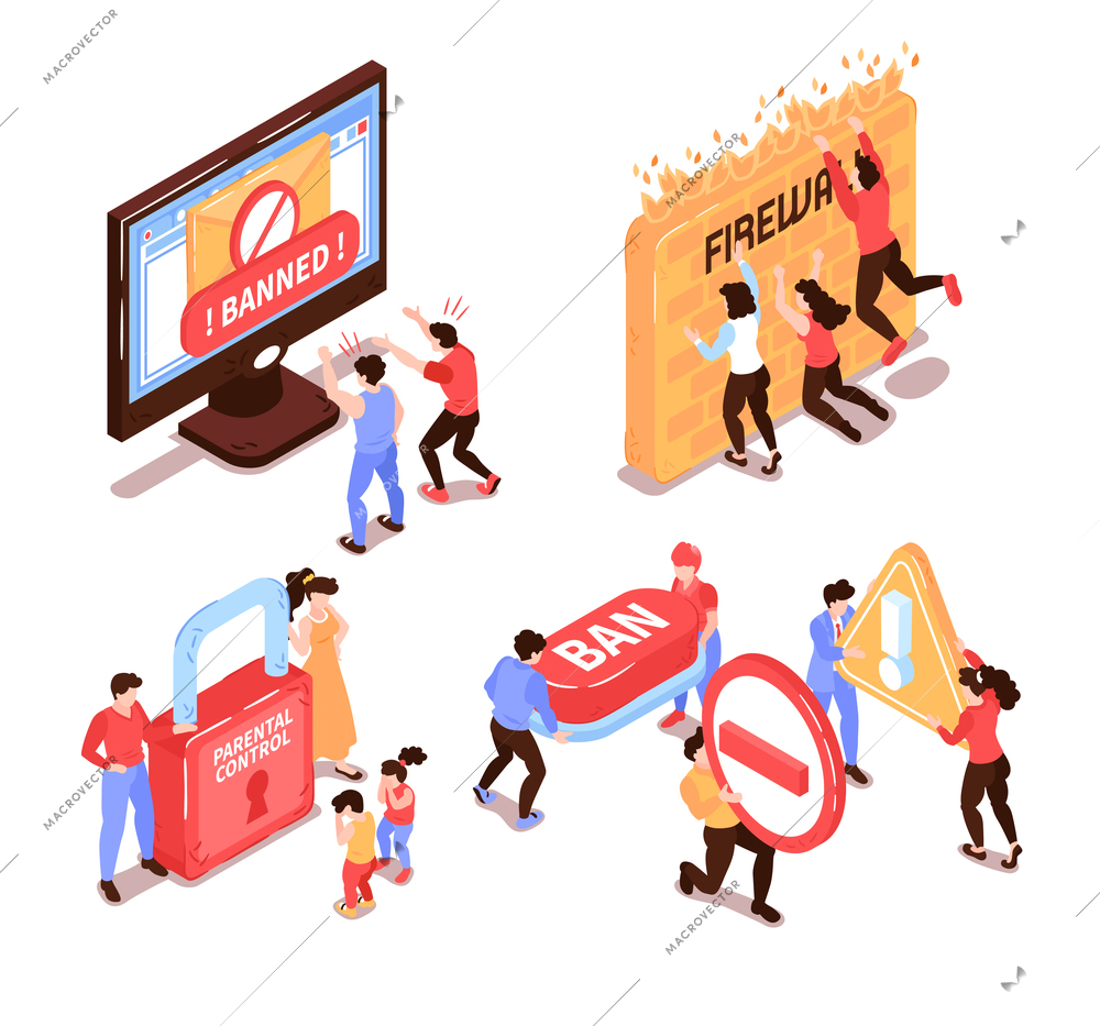 Isometric banned website design concept with human characters and conceptual icons pictograms with computer electronic devices vector illustration